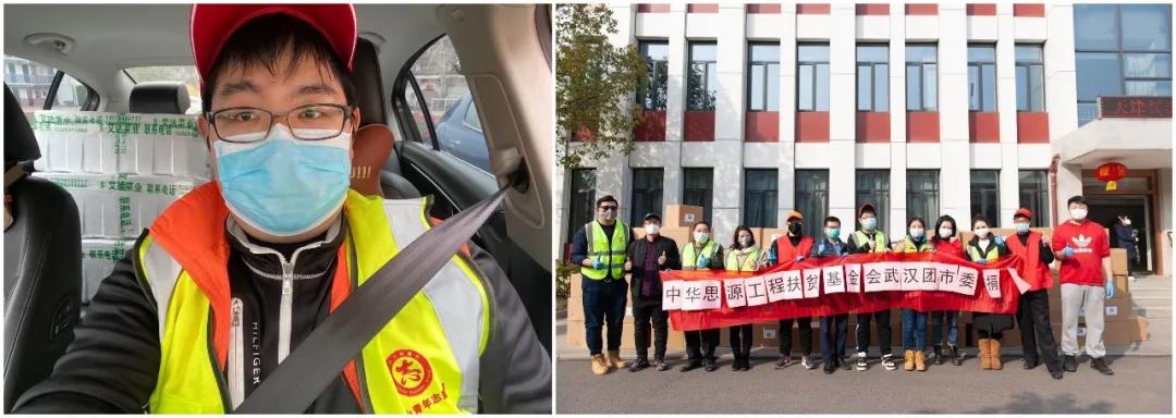 左圖：10輛轎車后座和后備箱堆滿了菜，出發送給社區；右圖：各位志愿者協助接收消毒防護物資